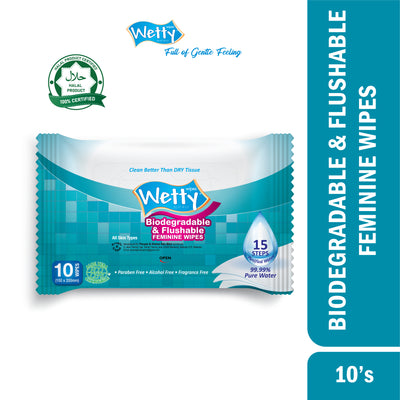 Wetty Biodegradable & Flushable Feminine Toilet Wet Tissue (1 x 10's)