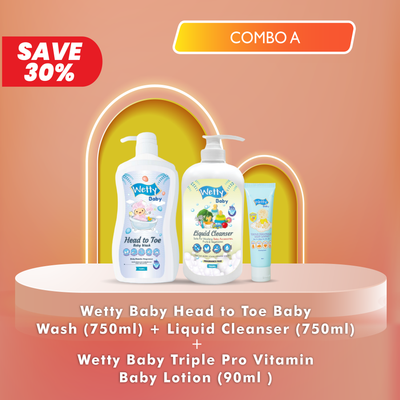 [COMBO] Wetty Baby Triple Pro Vitamin Baby Lotion (90ml) + Head To Toe Baby Wash (750ml) + Liquid Cleanser (750ml)