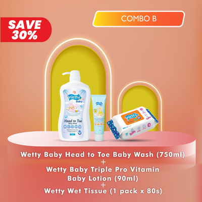 [Promo] Wetty Baby Triple Pro Vitamin Baby Lotion (90ml) + Head To Toe Baby Wash (750ml) + Wet Tissue Fragrance Free (80's)