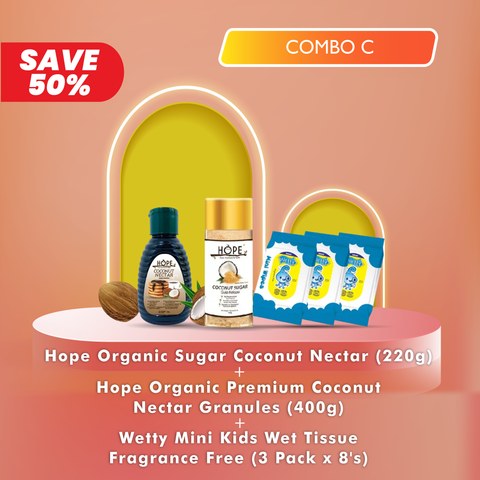 [Combo] Hope Organic Premium Coconut Sugar (400g) + Coconut Nectar (220g) + Wetty Mini Wipes Fragrance (3 Pkts x 8's)