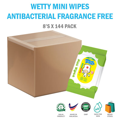 Wetty Mini Antibakteria Pewangi Bebas Lap Tisu Mini 8 x 144 (1 Karton)