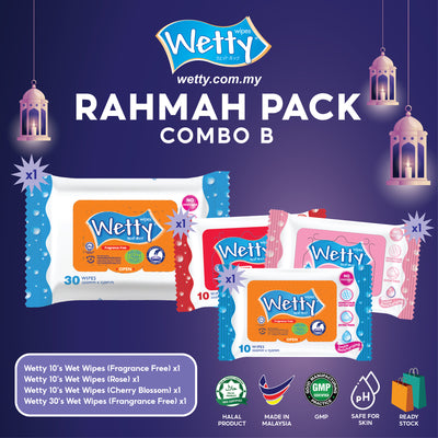 [RAHMAH PACK]  Combo B - Wetty Wet Tissue Fragrance/Fragrance Free Wipes 30's & Wetty Wet Tissue 10's