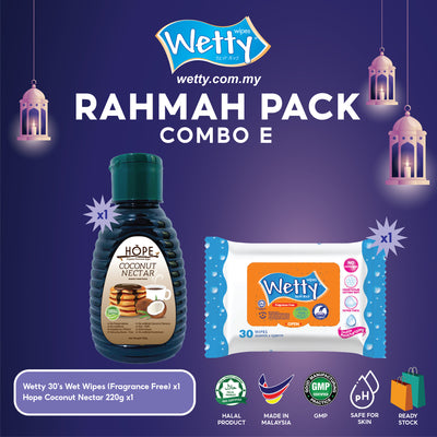 [RAHMAH PACK]  Combo E - HOPE Organic Coconut Nectar 220g & Wetty Fragrance Free Wet Wipes 30's
