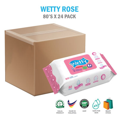 Wetty Wet Wipes Nice 玫瑰香味婴儿湿巾（24 包 x 80 片）1 箱